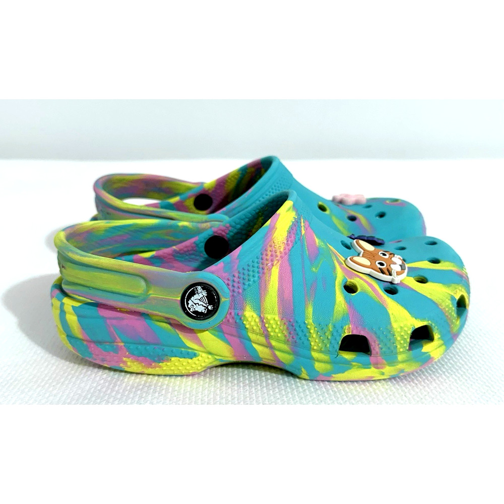 Crocs Classic Marbled Tie Dye Girls J1 Digital Aqua Multi Breathable Lightweight - Picture 4 of 9